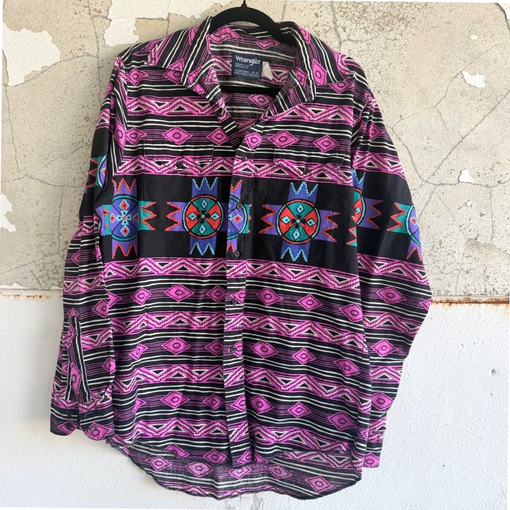 Vintage Wrangler Western Shirt Aztec Southwestern Tribal Print 90s Cowboy Cut L